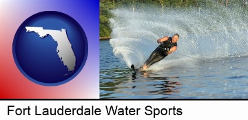 a young man waterskiing on a lake in Fort Lauderdale, FL
