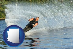 arizona map icon and a young man waterskiing on a lake