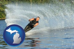 michigan map icon and a young man waterskiing on a lake