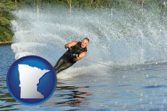 minnesota map icon and a young man waterskiing on a lake