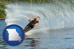missouri map icon and a young man waterskiing on a lake