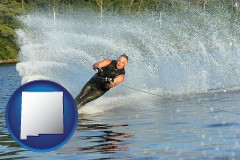 new-mexico map icon and a young man waterskiing on a lake