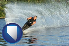 nevada map icon and a young man waterskiing on a lake