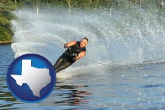 texas map icon and a young man waterskiing on a lake