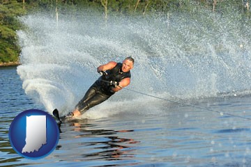 a young man waterskiing on a lake - with Indiana icon