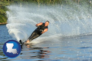 a young man waterskiing on a lake - with Louisiana icon