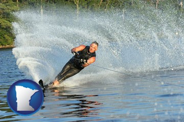 a young man waterskiing on a lake - with Minnesota icon