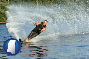 a young man waterskiing on a lake - with Mississippi icon