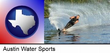 a young man waterskiing on a lake in Austin, TX