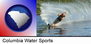 a young man waterskiing on a lake in Columbia, SC