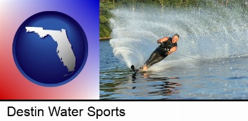 a young man waterskiing on a lake in Destin, FL