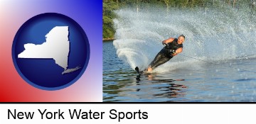 a young man waterskiing on a lake in New York, NY