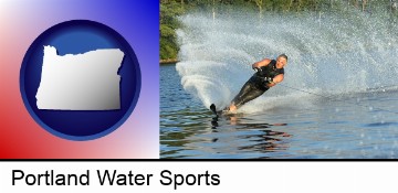 a young man waterskiing on a lake in Portland, OR